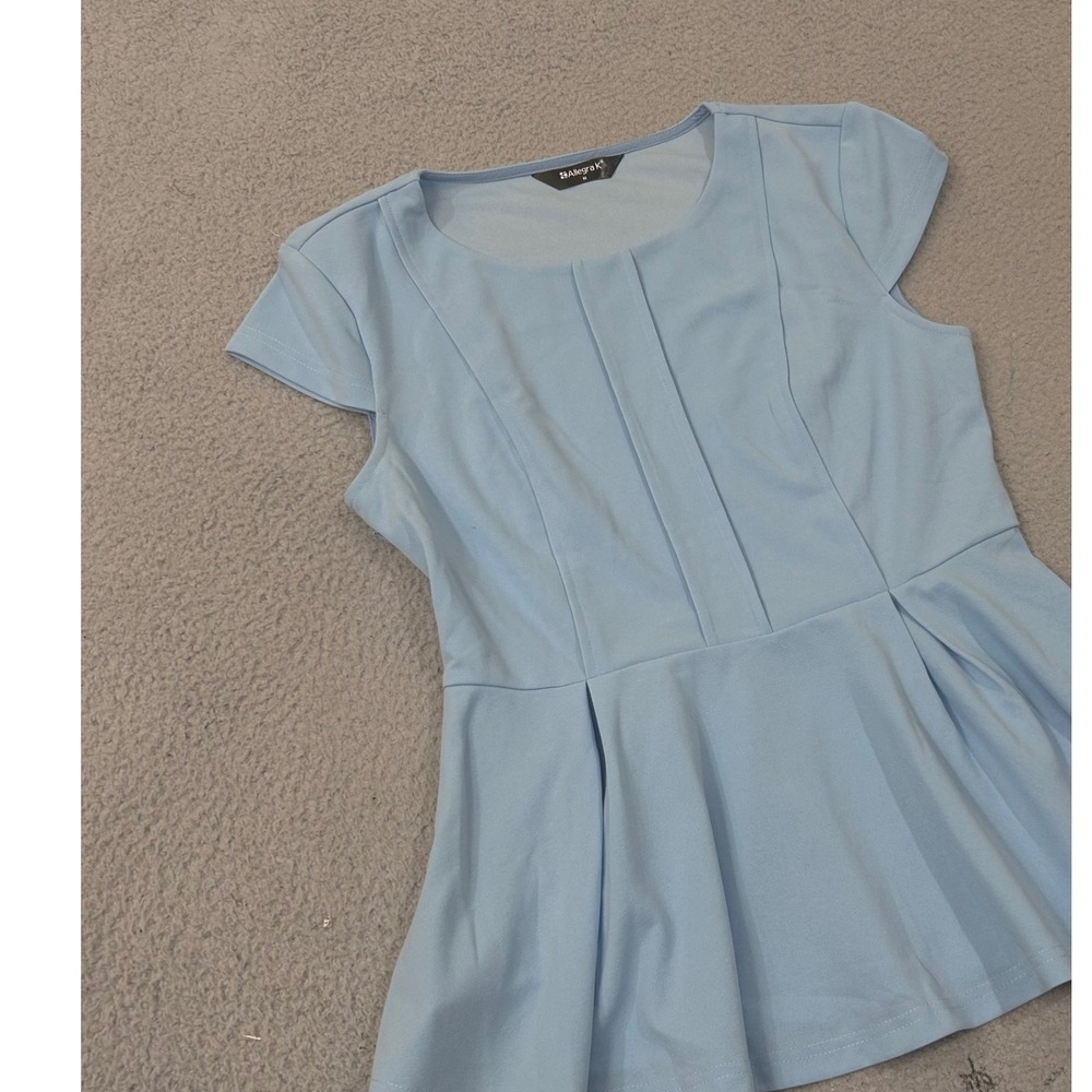 NEW Allegra K Blouse Top Womens M Blue Cap Sleeve Peplum Pleated Office Casual‎